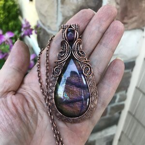 Maroon Purple Labradorite & Pink Cat's Eye Woven Copper Pendant