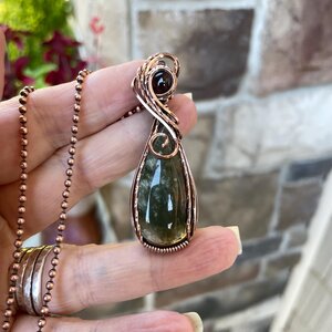Lodolite garden quartz & garnet copper wire wrapped pendant, Green yellow boho crystal necklace