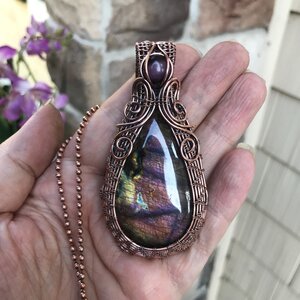 Maroon Purple Labradorite & Pink Cat's Eye Woven Copper Pendant