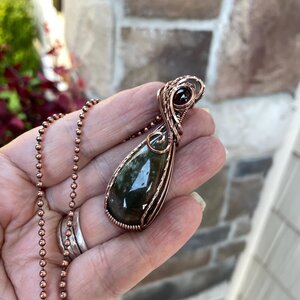 Lodolite garden quartz & garnet copper wire wrapped pendant, Green yellow boho crystal necklace