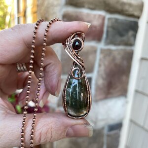 Lodolite garden quartz & garnet copper wire wrapped pendant, Green yellow boho crystal necklace