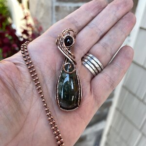Lodolite garden quartz & garnet copper wire wrapped pendant, Green yellow boho crystal necklace