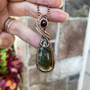 Lodolite garden quartz & garnet copper wire wrapped pendant, Green yellow boho crystal necklace