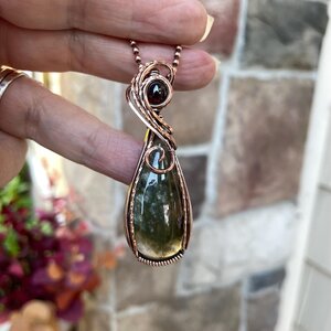 Lodolite garden quartz & garnet copper wire wrapped pendant, Green yellow boho crystal necklace