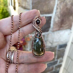 Lodolite garden quartz & garnet copper wire wrapped pendant, Green yellow boho crystal necklace