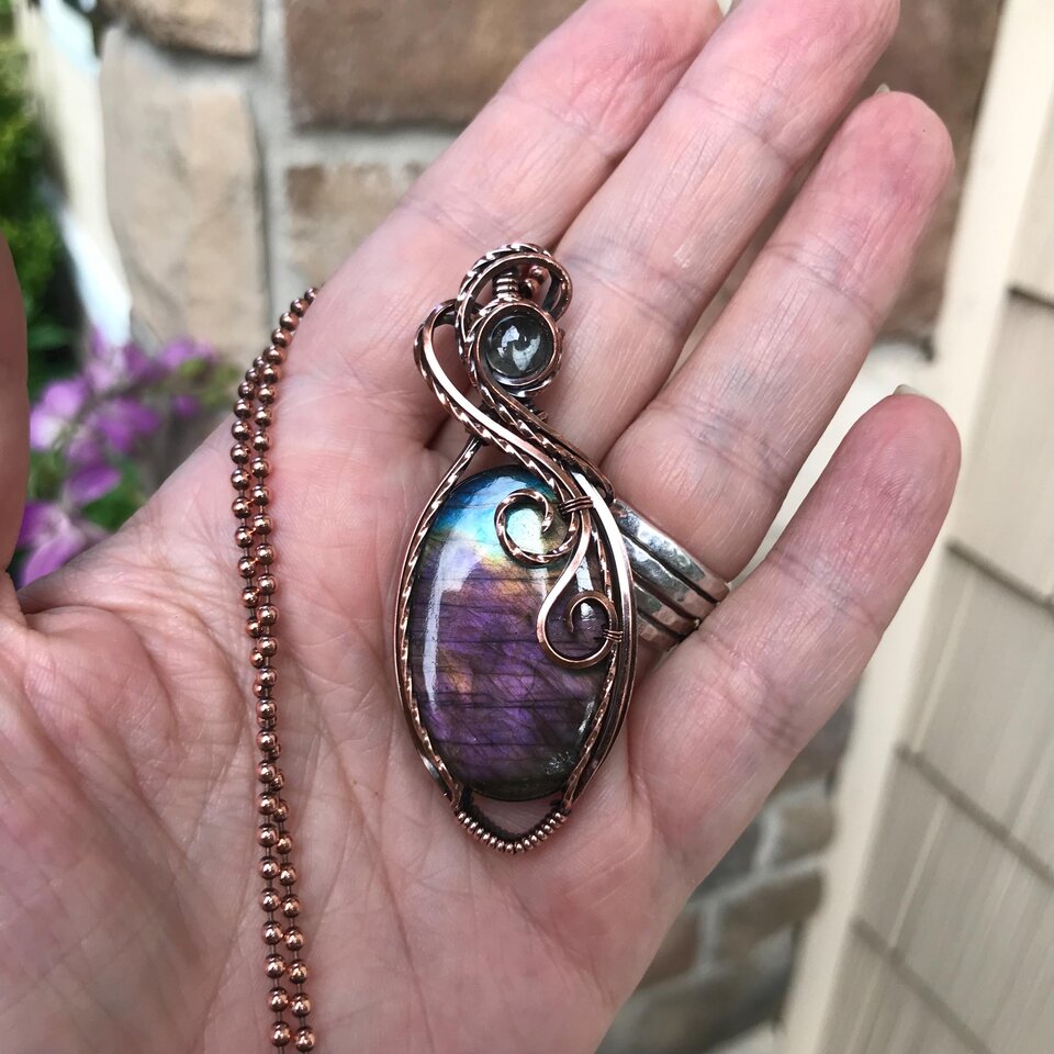 Purple Pink Labradorite & Prasiolite Copper Pendant
