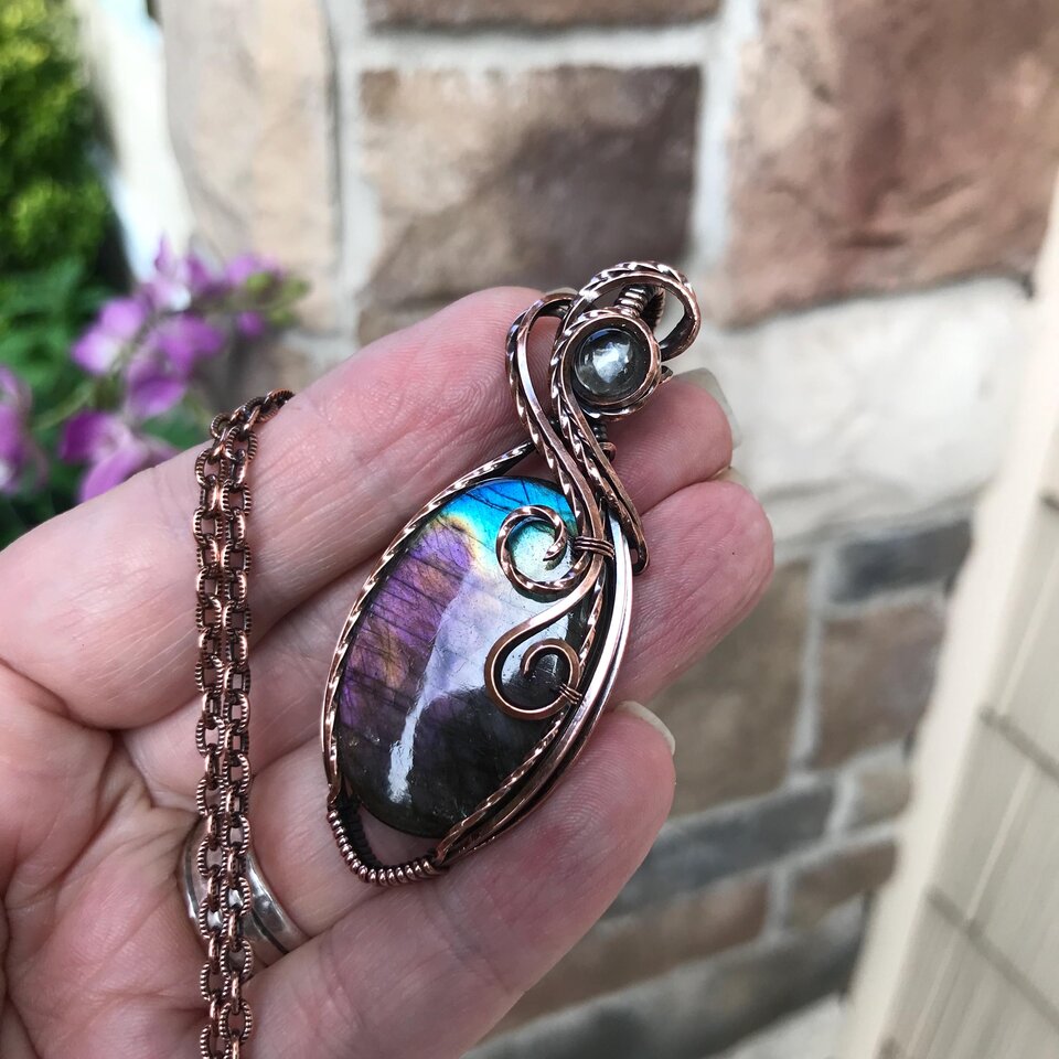 Purple Pink Labradorite & Prasiolite Copper Pendant