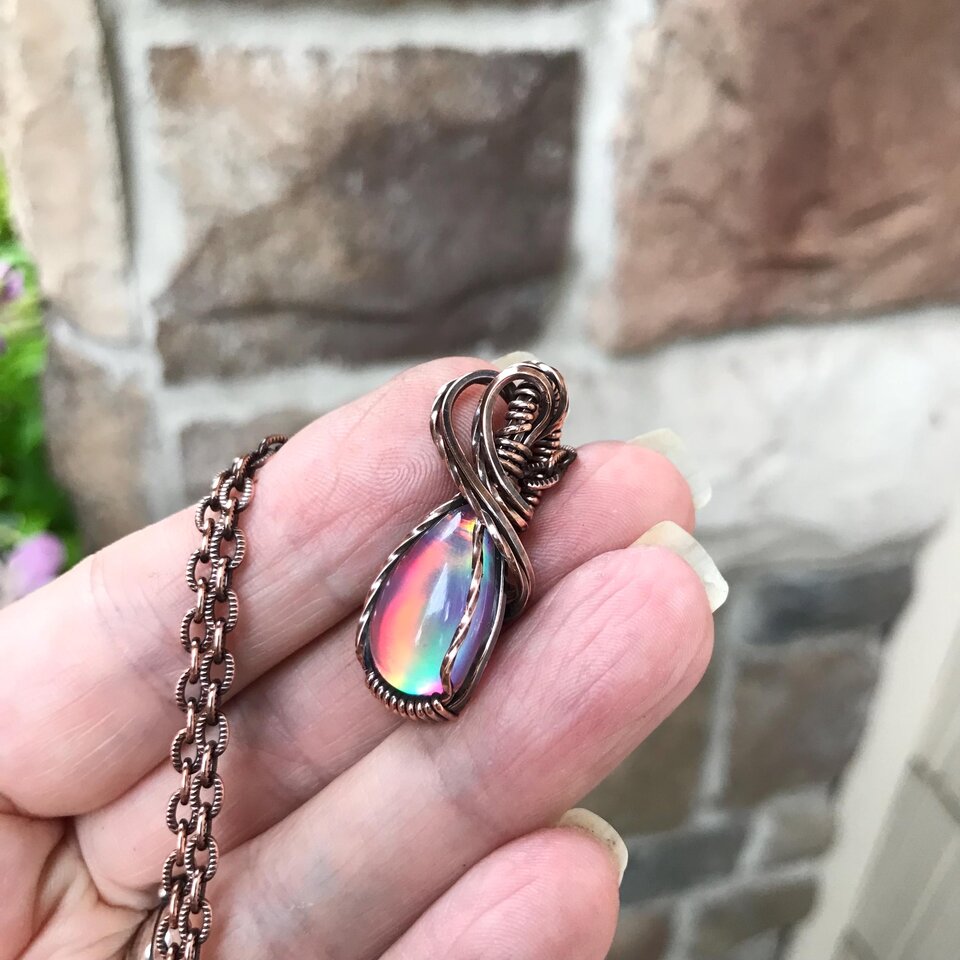Aurora Opal Pink Rainbow Copper Pendant