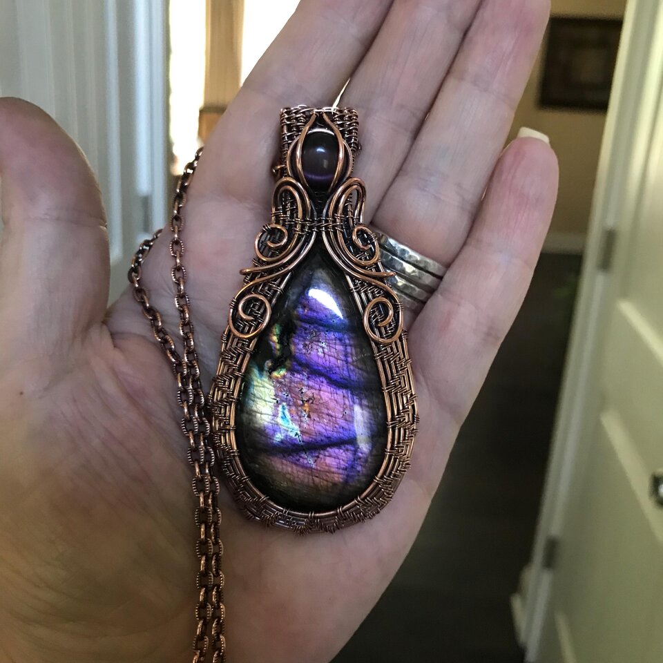 Maroon Purple Labradorite & Pink Cat's Eye Woven Copper Pendant
