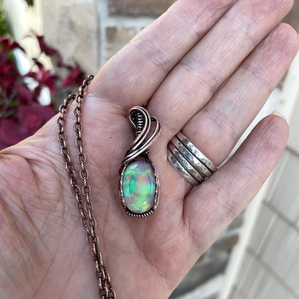 Aurora Opal Oval Green Pink Copper Necklace