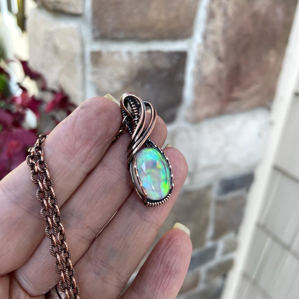 Aurora Opal Oval Green Pink Copper Necklace