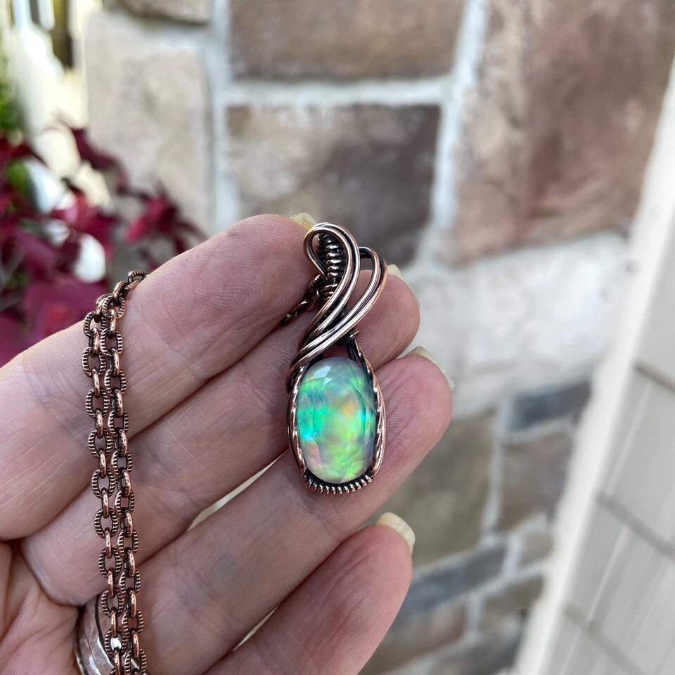 Aurora Opal Oval Green Pink Copper Necklace