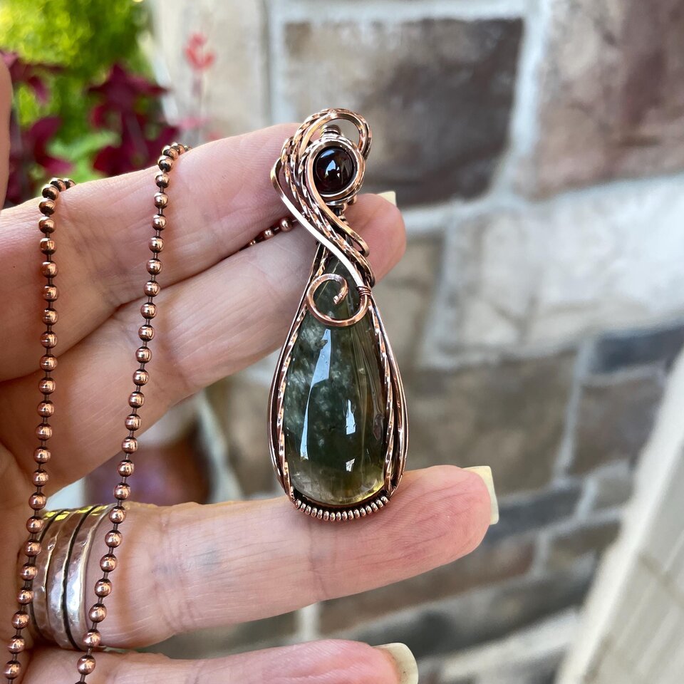 Lodolite garden quartz & garnet copper wire wrapped pendant, Green yellow boho crystal necklace