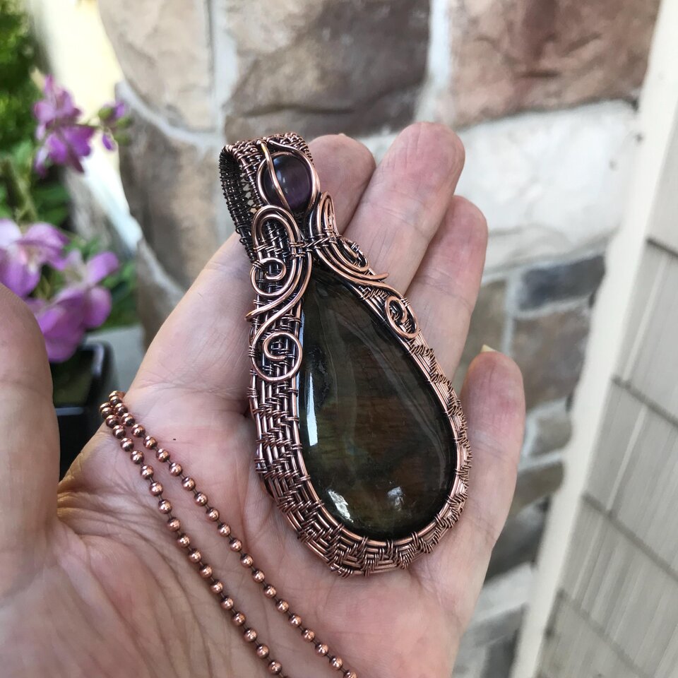 Maroon Purple Labradorite & Pink Cat's Eye Woven Copper Pendant