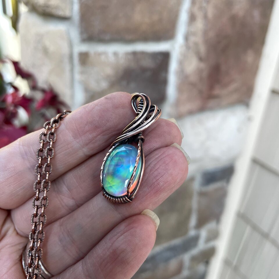 Aurora Opal Oval Green Pink Copper Necklace