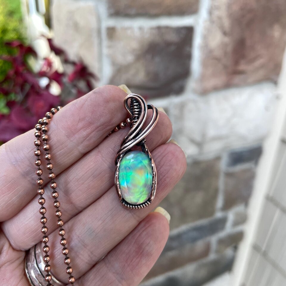 Aurora Opal Oval Green Pink Copper Necklace