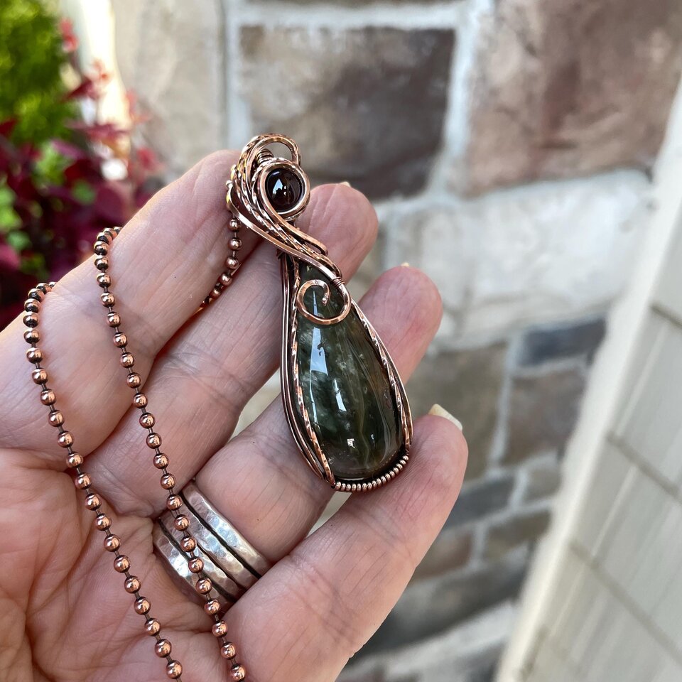Lodolite garden quartz & garnet copper wire wrapped pendant, Green yellow boho crystal necklace