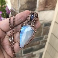Rainbow Moonstone with Black Tourmaline and Kyanite Copper Necklace