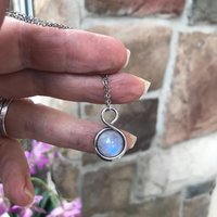 Moonstone mini silver wire wrapped necklace, Handmade artisan round rainbow crystal pendant