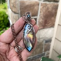 Rainbow Labradorite Marquis Swirly Copper Pendant