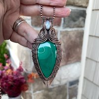 Malachite & Moonstone Copper Woven Pendant