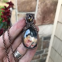 Feather Ridge Plume Agate Doublet & Citrine Copper Pendant with Weaving