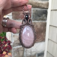 Rose Quartz & Garnet Copper Woven Pendant
