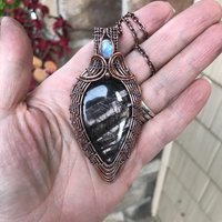 Hypersthene & Moonstone Woven Copper Pendant