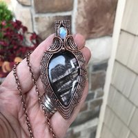 Hypersthene & Moonstone Woven Copper Pendant
