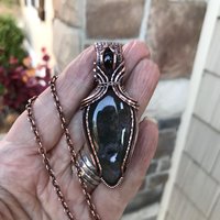 Moss Agate & Smoky Quartz Copper Pendant with Woven Bail