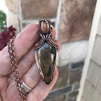 Rainforest Jasper & Sunstone Copper Pendant with Woven Bail