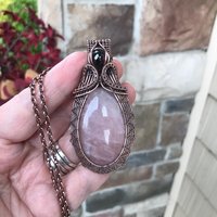 Rose Quartz & Garnet Copper Woven Pendant