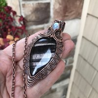 Hypersthene & Moonstone Woven Copper Pendant