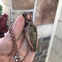 Rainforest Jasper & Sunstone Copper Pendant with Woven Bail