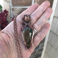 Rainforest Jasper & Sunstone Copper Pendant with Woven Bail