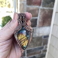Yellow Rainbow Labradorite & Citrine Copper Pendant with Woven Bail