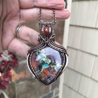 Orange Purple Labradorite & Sunstone Copper Pendant with Woven Bail