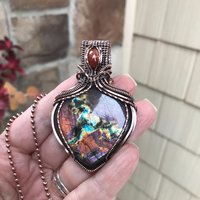 Orange Purple Labradorite & Sunstone Copper Pendant with Woven Bail
