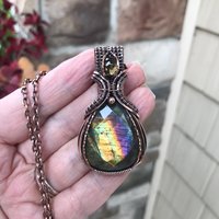 Yellow Rainbow Faceted Laradorite & Citrine Copper Pendant