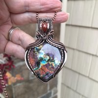 Orange Purple Labradorite & Sunstone Copper Pendant with Woven Bail