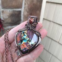 Orange Purple Labradorite & Sunstone Copper Pendant with Woven Bail