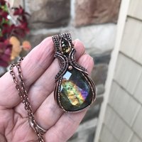 Yellow Rainbow Faceted Laradorite & Citrine Copper Pendant