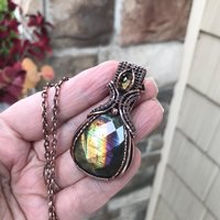 Yellow Rainbow Faceted Laradorite & Citrine Copper Pendant