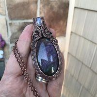 Purple Labradorite & Moonstone Copper Woven Pendant