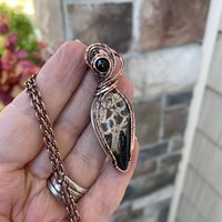Petrified Palm Wood & Smoky Quartz Copper Pendant