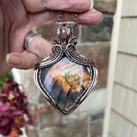 Orange Rainbow Labradorite & Sunstone Copper Necklace with Weaving