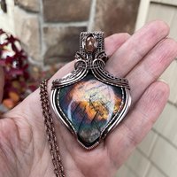 Orange Rainbow Labradorite & Sunstone Copper Necklace with Weaving