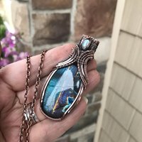Teal Labradorite & Moonstone Copper Pendant with Weaving