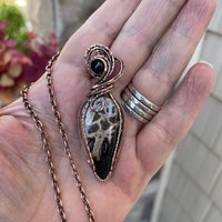 Petrified Palm Wood & Smoky Quartz Copper Pendant