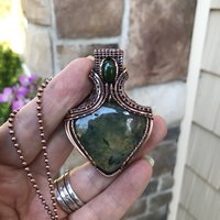 Prehnite & Jade Copper Pendant with Weaving